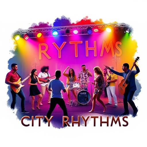 Affiche color√©e du spectacle musical 'Rythmes de la Ville', mettant en sc√®ne des danseurs et des musiciens de diff√©rentes cultures.