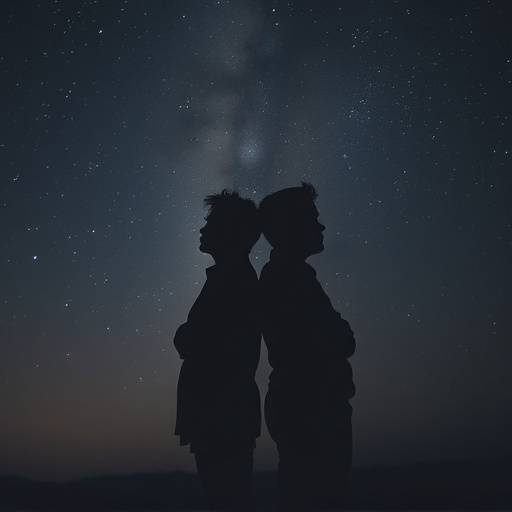 Affiche du spectacle 'Les √âtoiles Filantes' mettant en sc√®ne deux silhouettes se tenant dos √† dos sous un ciel √©toil√©. Le style est dramatique et m√©lancolique.