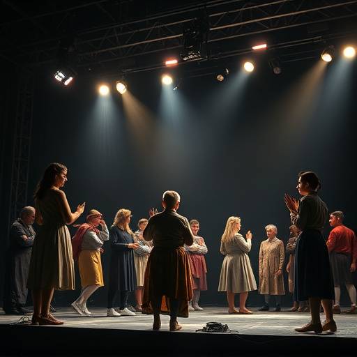 Image de r√©p√©tition du spectacle 'Les Fleurs du Mal', montrant des acteurs en costume sur sc√®ne pendant une r√©p√©tition.