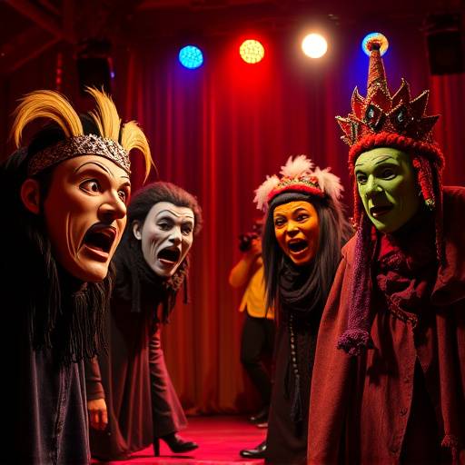 Image de sc√®ne du spectacle 'La Com√©die des Masques' montrant des acteurs portant des masques expressifs et des costumes color√©s, sur une sc√®ne illumin√©e.